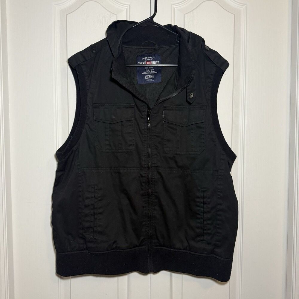 Ecko Unltd Men’s Utility Vest With Hood Zip/Button Pockets Black 2XL